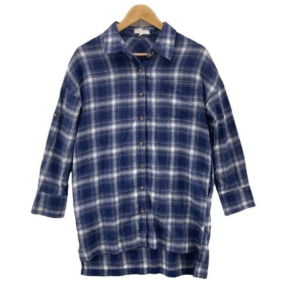 ILLA ILLA Flannel Shirt Dress Womens Small Blue White Plaid 100% Cotton Pockets‎ - Picture 1 of 9